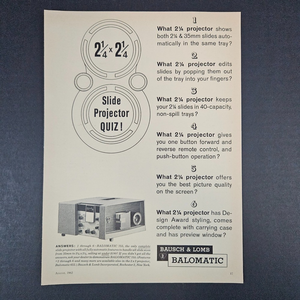 1962 Bausch & Lomb‎ Balomatic 755 Slide Projector Vintage Print Ad Rochester NY